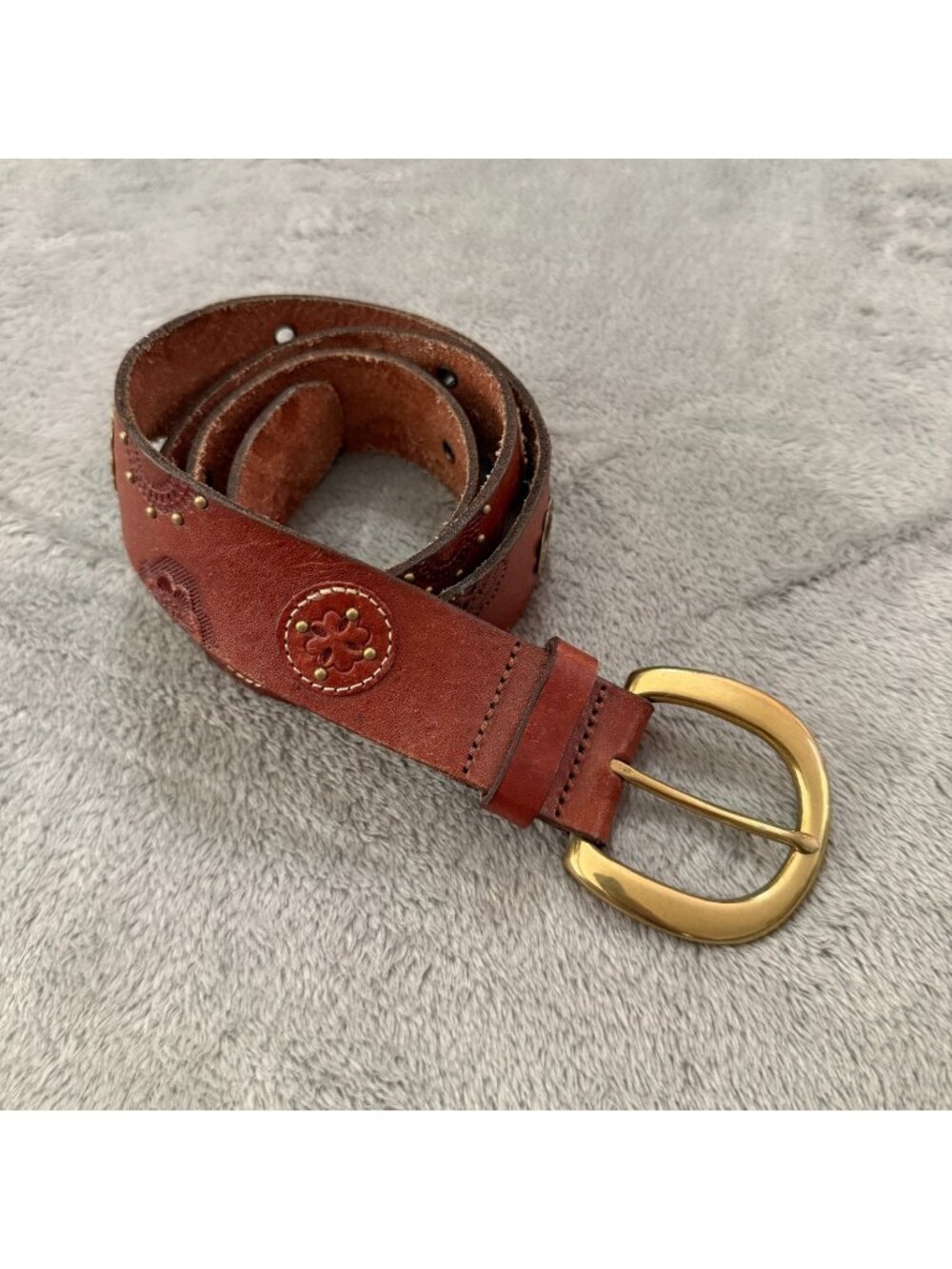 Vintage Fossil Brown Leather Belt Studded Womens LARGE Boho Bohemian